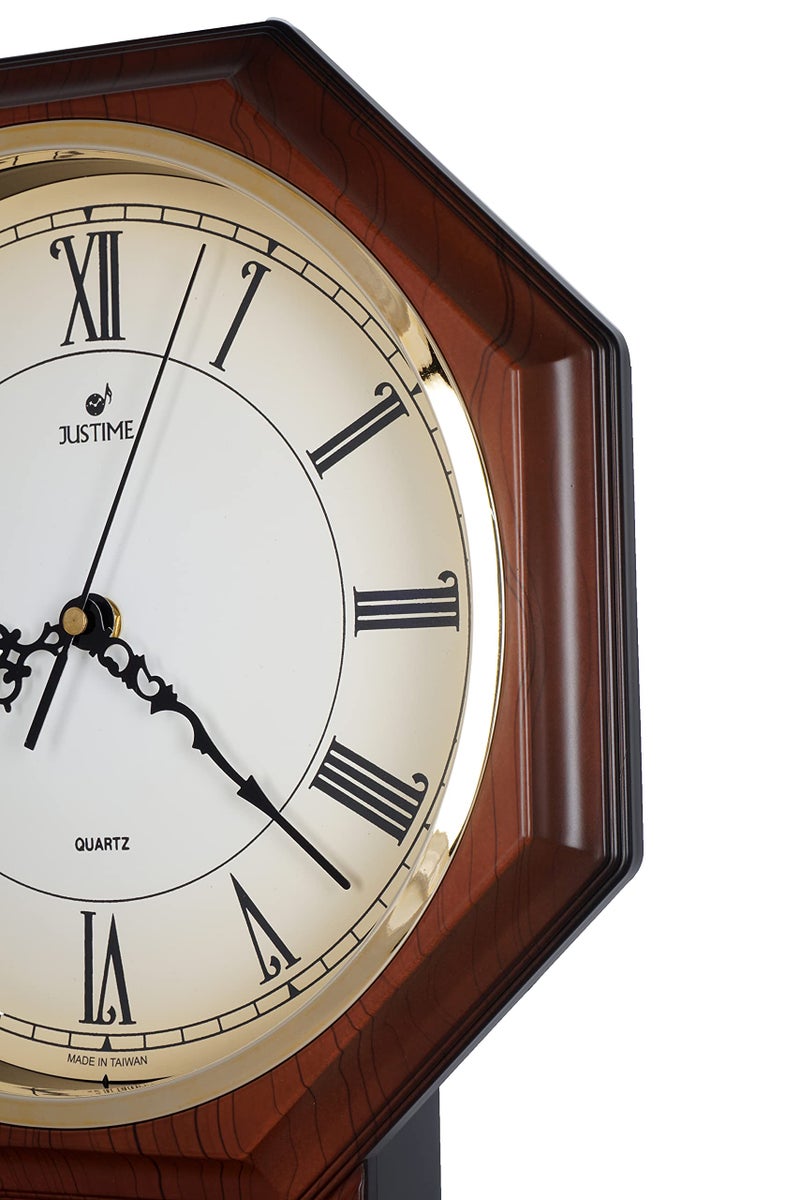 JUSTIME Traditional Schoolhouse Pendulum Wall Clock Chimes Hourly with Westminster Melody Made in Taiwan, 4AA Batteries Included (PP0258-RDW Dark Wood Grain) - Image 3